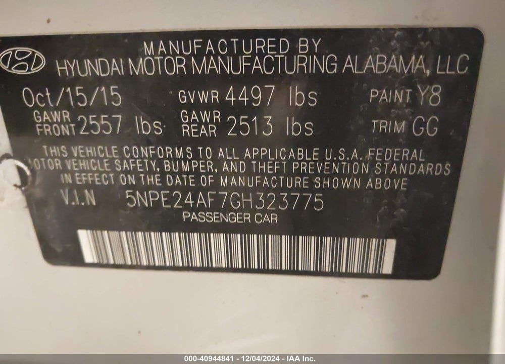 2016 HYUNDAI SONATA VIN: 5NPE24AF7GH323775