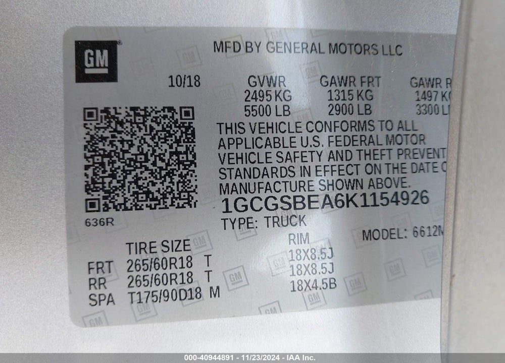 2019 CHEVROLET COLORADO WT VIN: 1GCGSBEA6K1154926