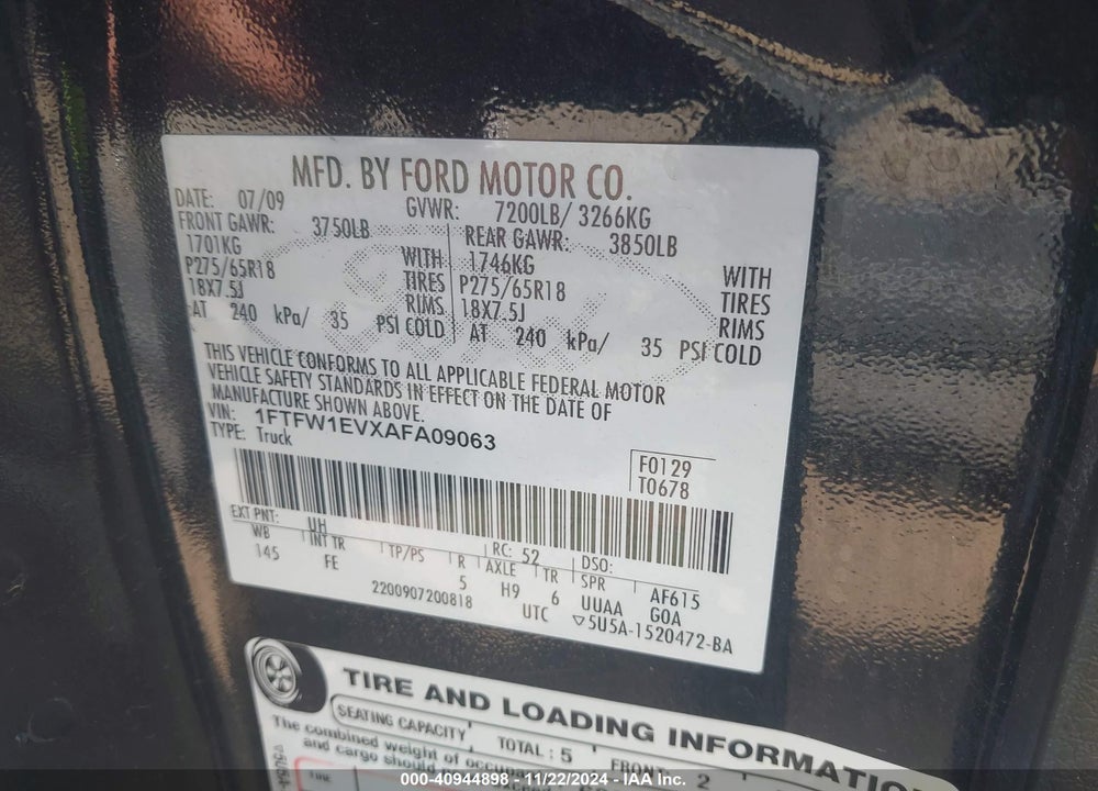 2010 FORD F-150 VIN: 1FTFW1EVXAFA09063