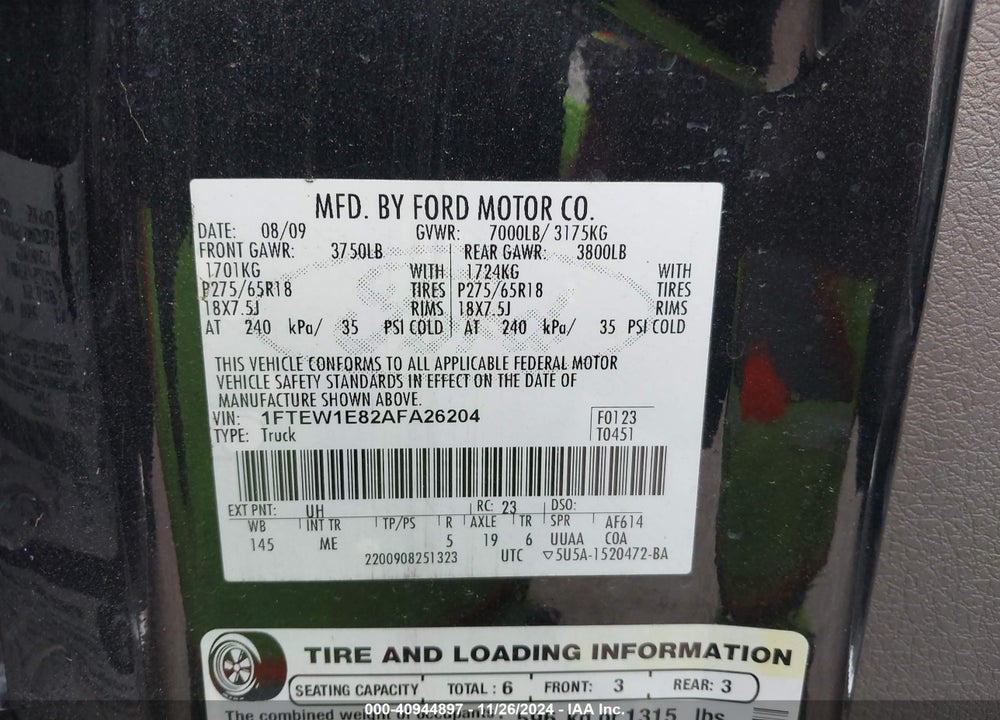 2010 FORD F-150 XLT VIN: 1FTEW1E82AFA26204