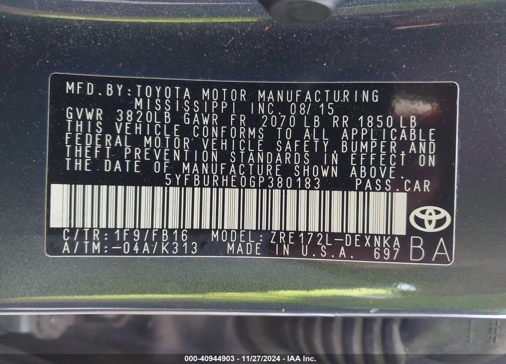 2016 TOYOTA COROLLA LE VIN: 5YFBURHE0GP380183