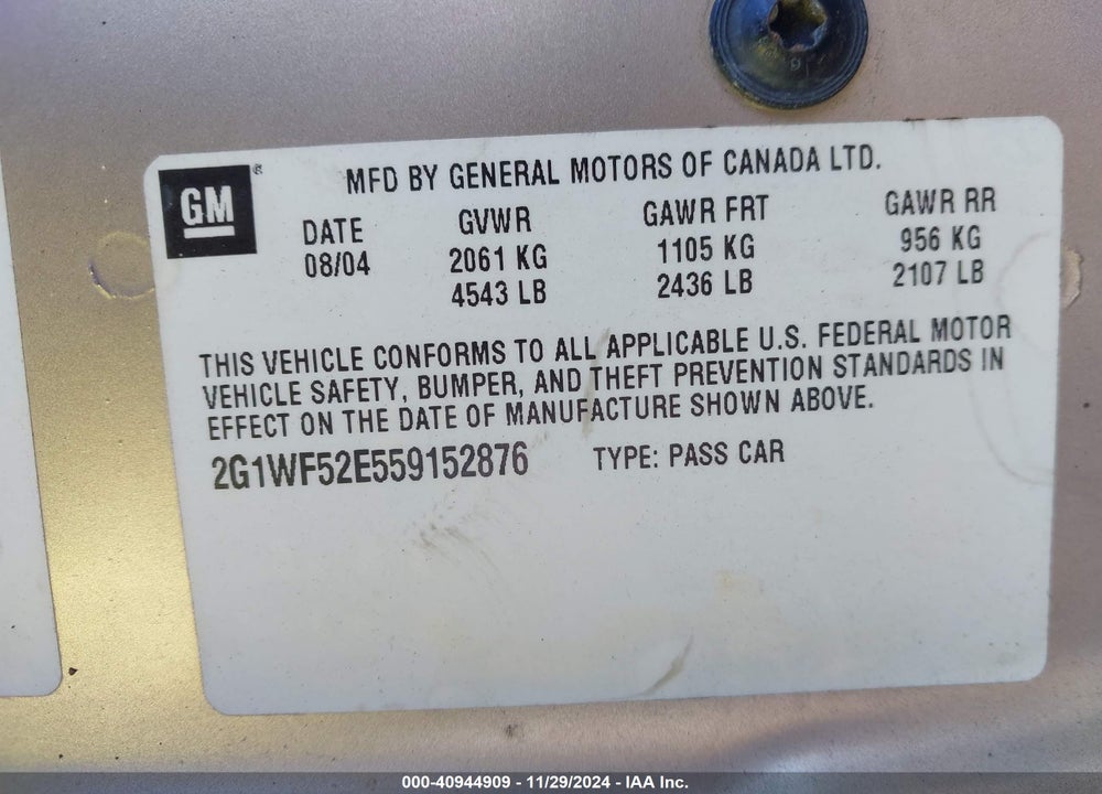 2005 CHEVROLET IMPALA VIN: 2G1WF52E559152876