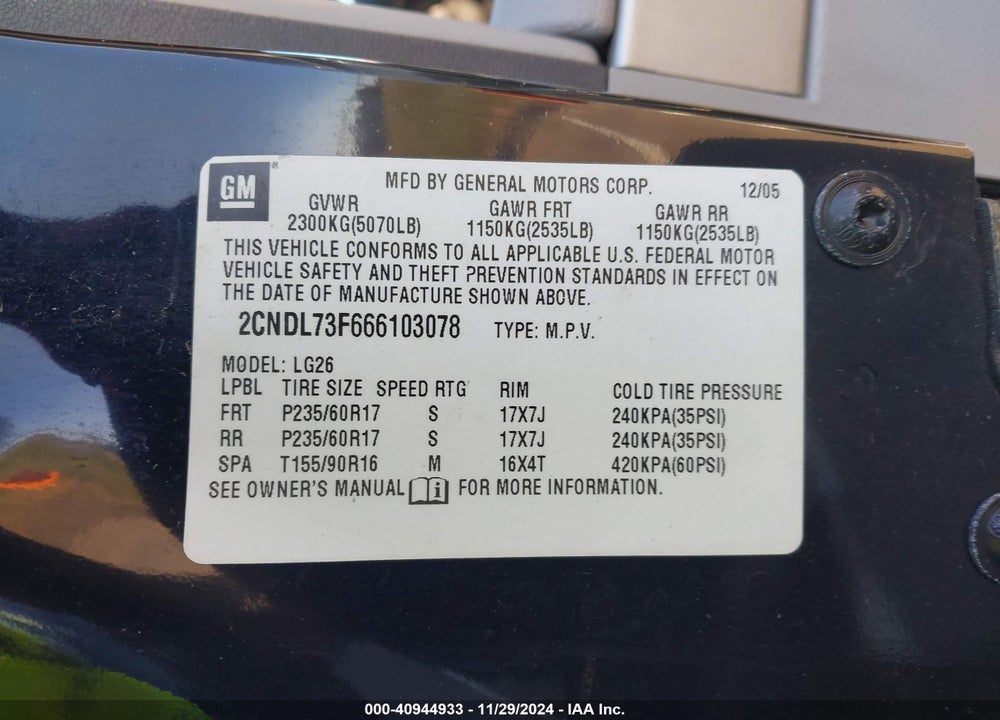 2006 CHEVROLET EQUINOX LT VIN: 2CNDL73F666103078