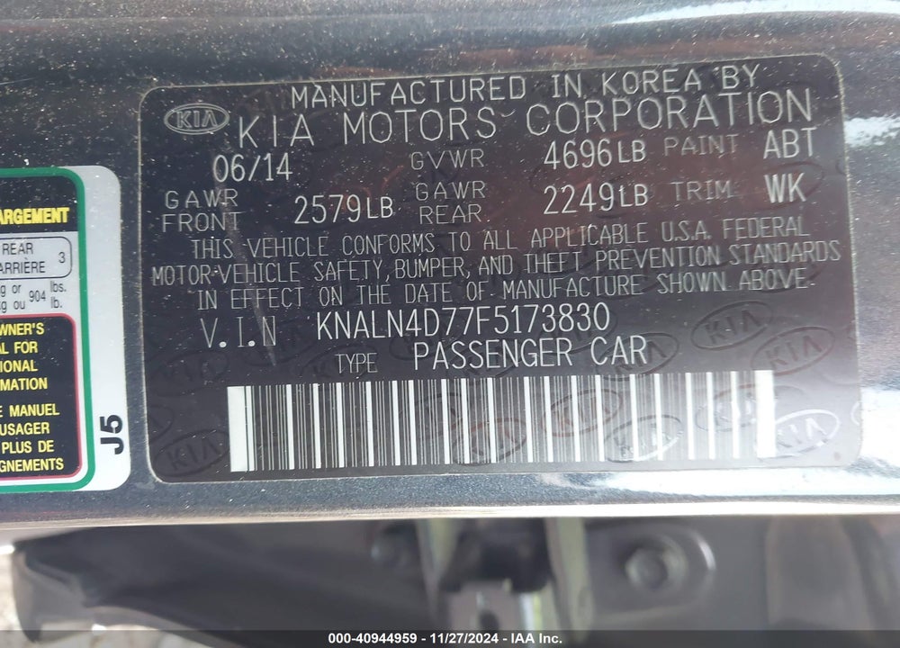 2015 KIA CADENZA PREMIUM VIN: KNALN4D77F5173830