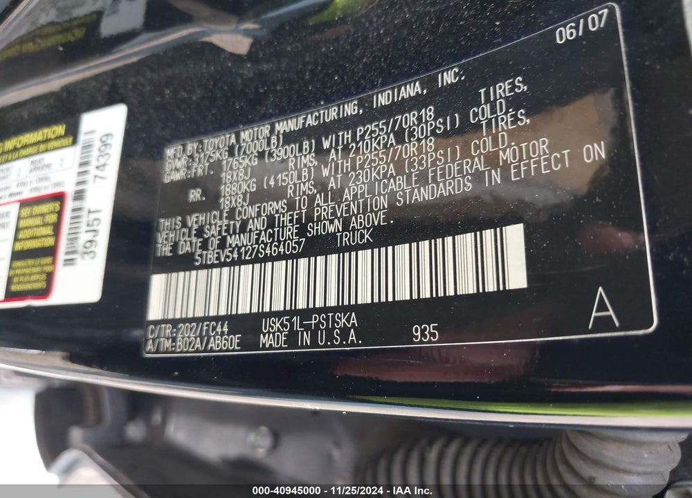 2007 TOYOTA TUNDRA SR5 5.7L V8 VIN: 5TBEV54127S464057