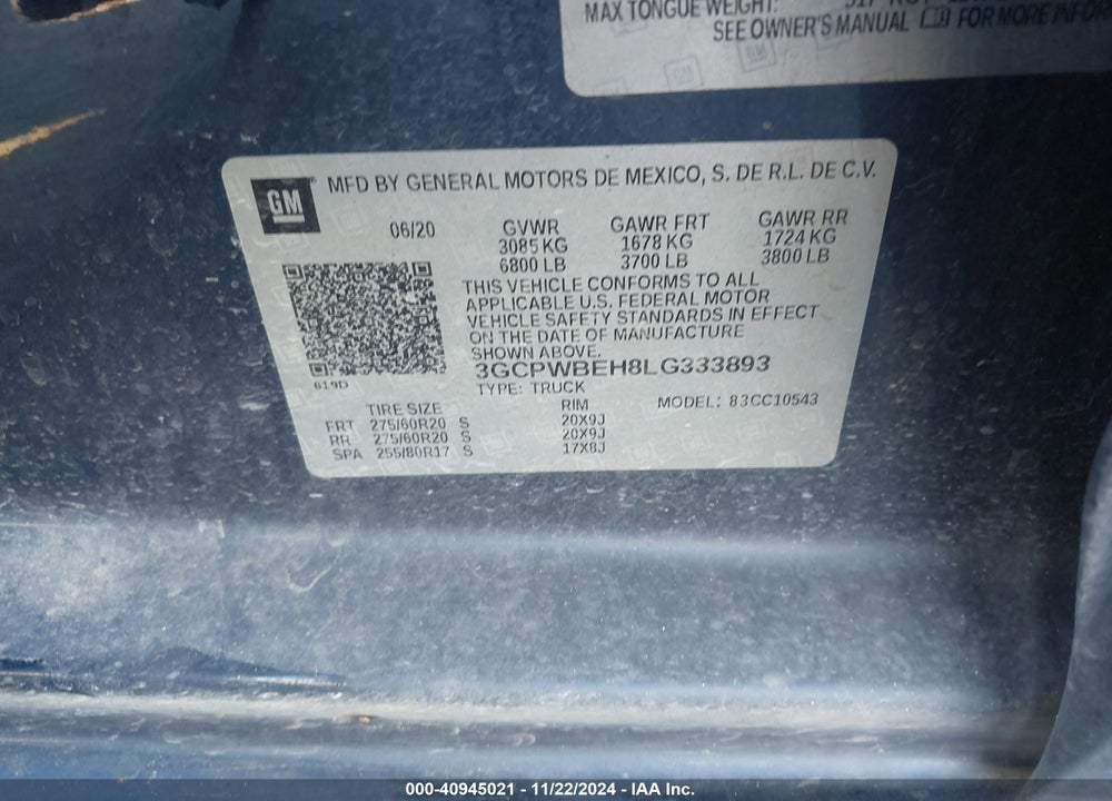 2020 CHEVROLET SILVERADO 1500 VIN: 3GCPWBEH8LG333893