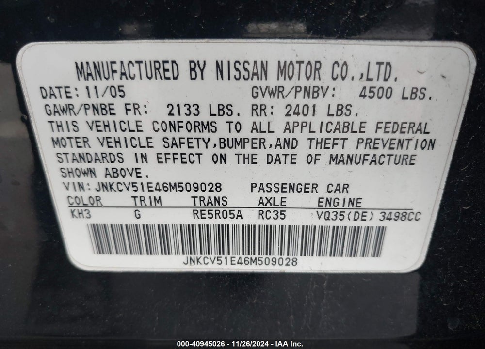 2006 INFINITI G35 VIN: JNKCV51E46M509028