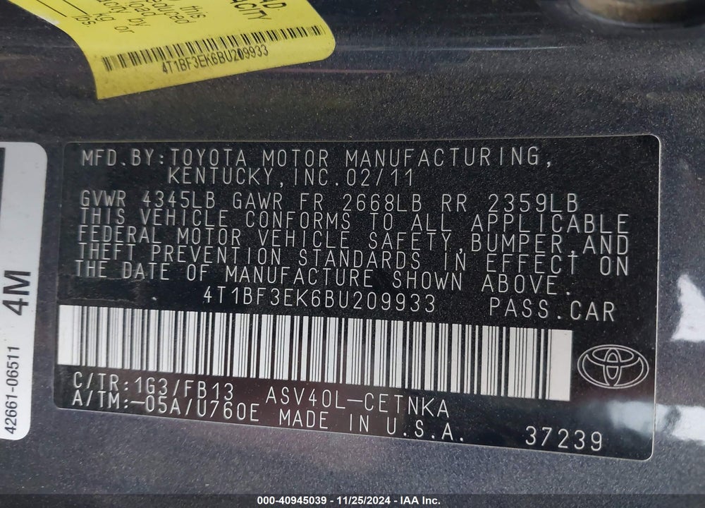 2011 TOYOTA CAMRY LE VIN: 4T1BF3EK6BU209933