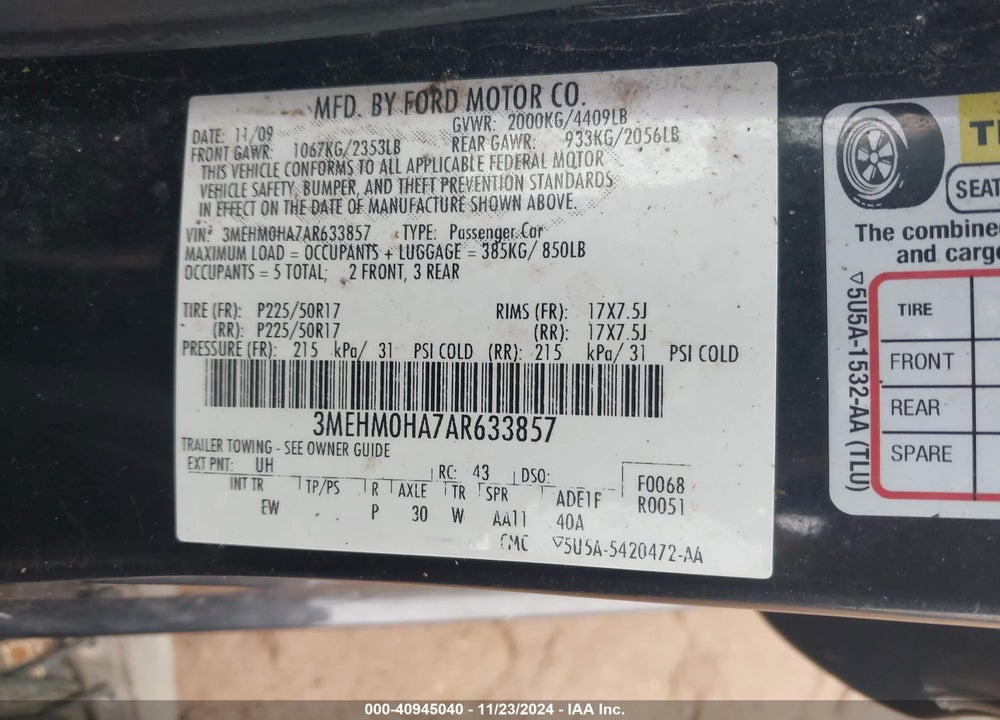 2010 MERCURY MILAN VIN: 3MEHM0HA7AR633857