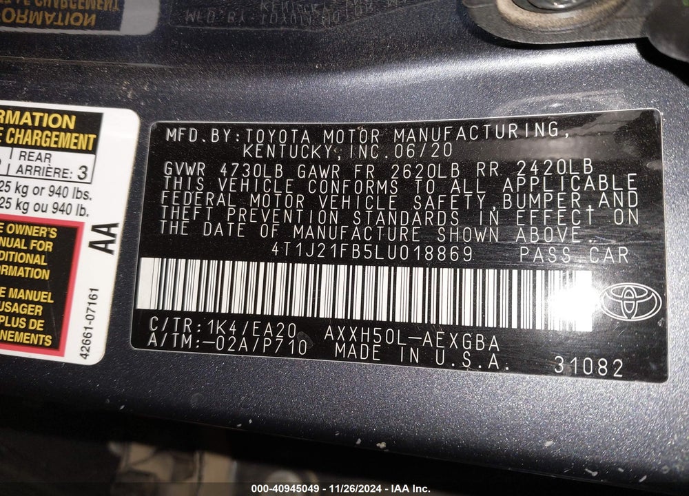2020 TOYOTA AVALON HYBRID VIN: 4T1J21FB5LU018869