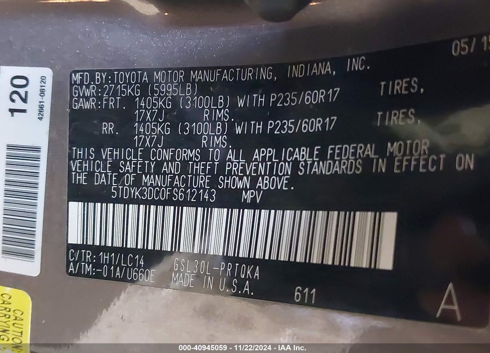 2015 TOYOTA SIENNA XLE 8 PASSENGER VIN: 5TDYK3DC0FS612143