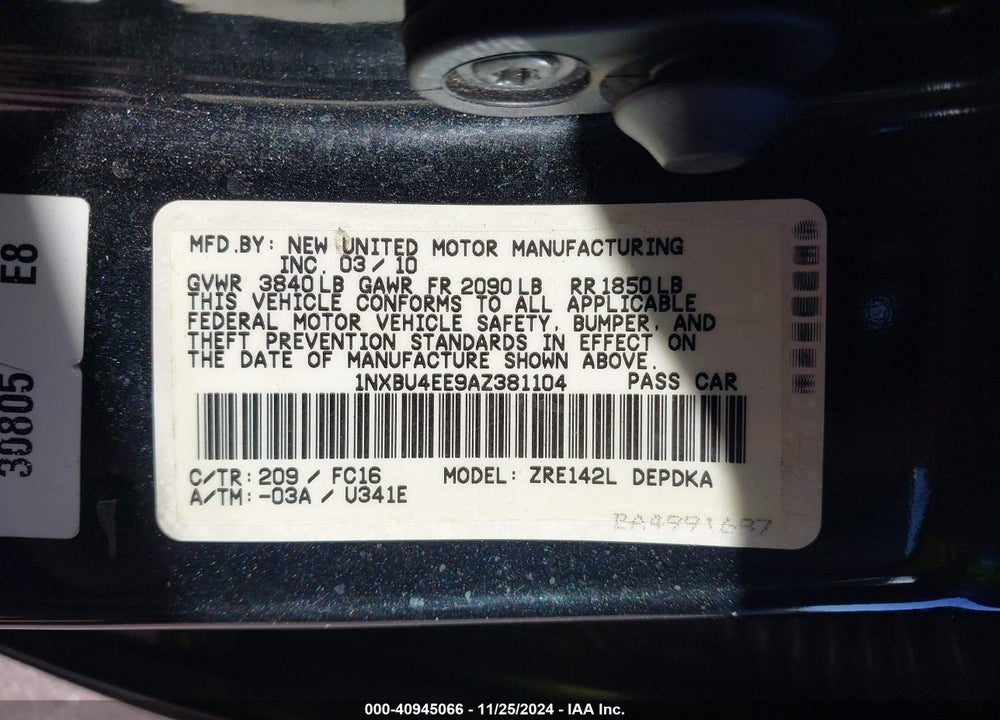 2010 TOYOTA COROLLA LE VIN: 1NXBU4EE9AZ381104
