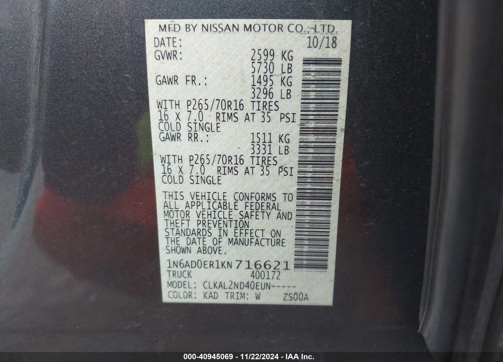 2019 NISSAN FRONTIER SV VIN: 1N6AD0ER1KN716621