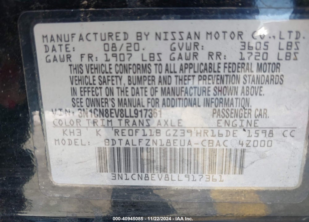 2020 NISSAN VERSA SV XTRONIC CVT VIN: 3N1CN8EV8LL917361