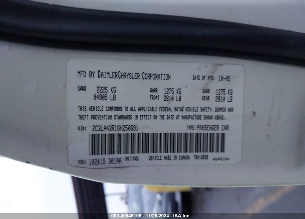 2006 CHRYSLER 300 VIN: 2C3LA43R16H250691