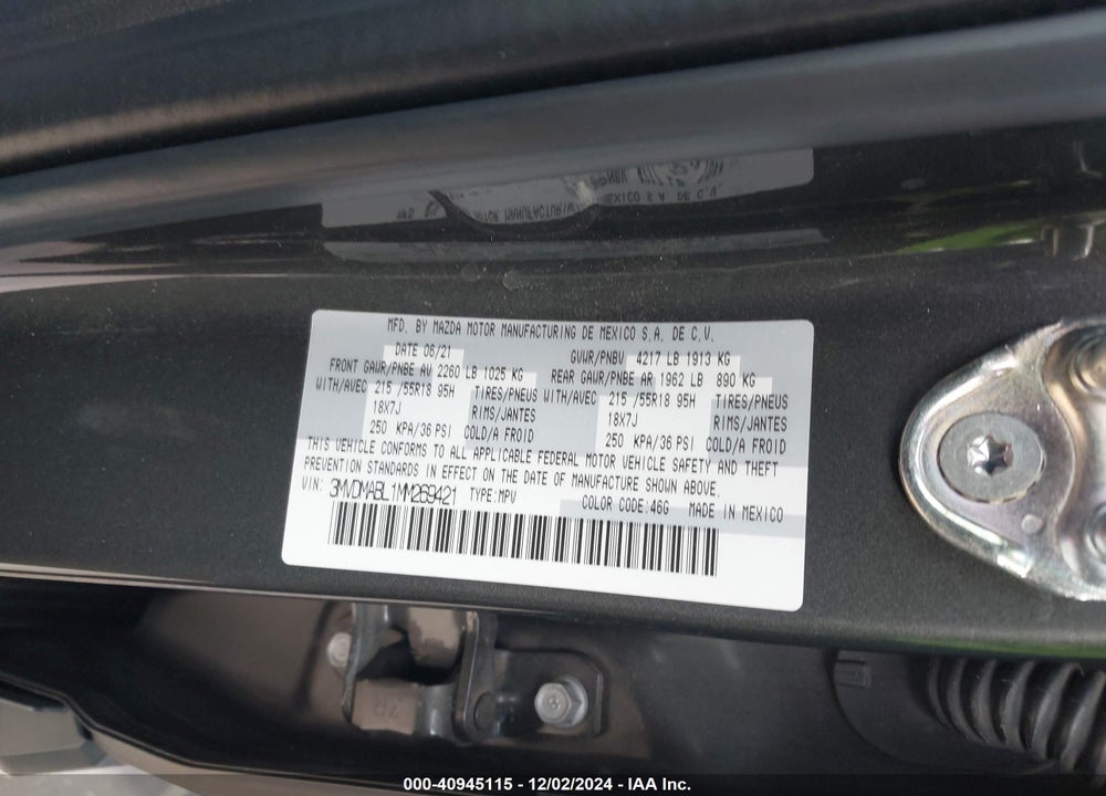 2021 MAZDA CX-30 SELECT VIN: 3MVDMABL1MM269421