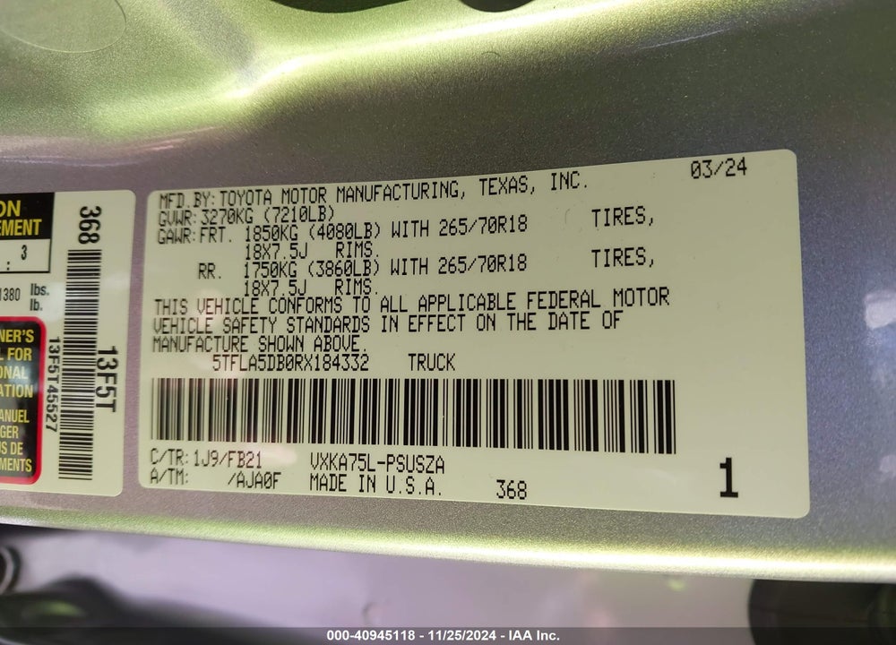 2024 TOYOTA TUNDRA SR5 VIN: 5TFLA5DB0RX184332