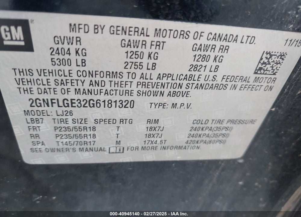 2016 CHEVROLET EQUINOX LTZ VIN: 2GNFLGE32G6181320