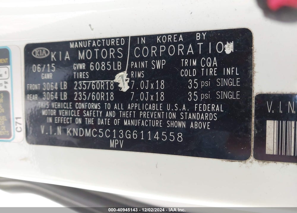 2016 KIA SEDONA EX VIN: KNDMC5C13G6114558