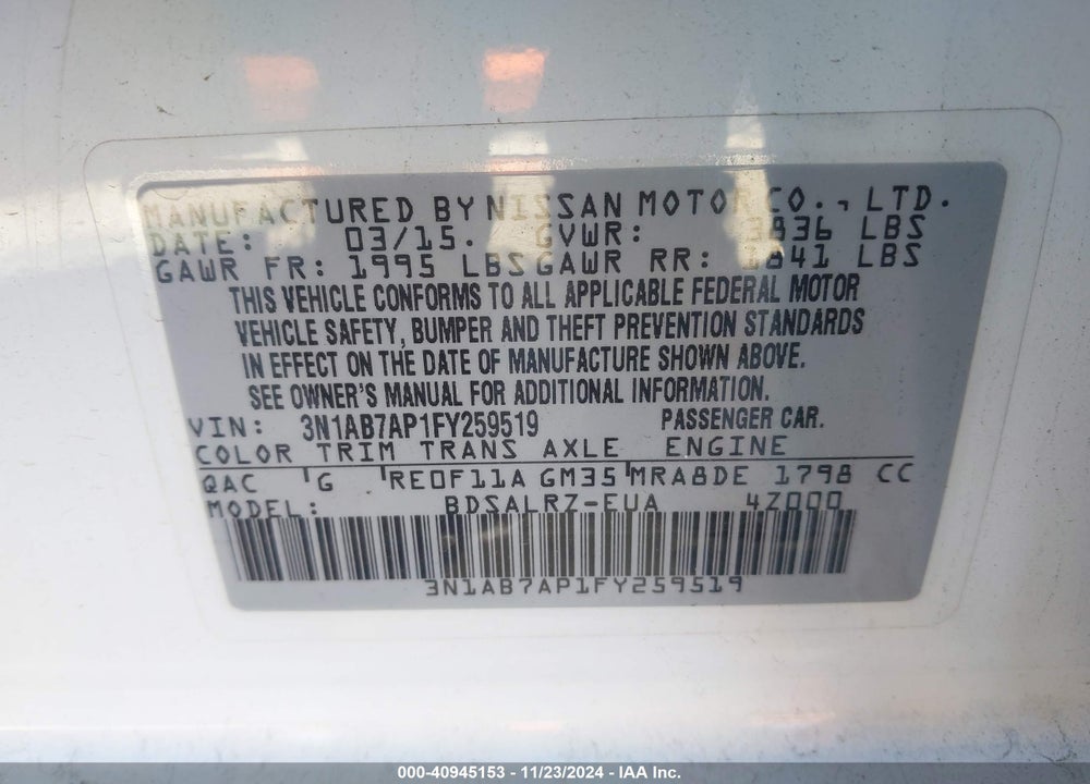 2015 NISSAN SENTRA FE+ S/S/SL/SR/SV VIN: 3N1AB7AP1FY259519