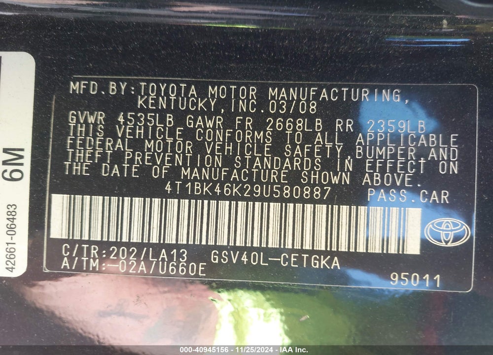2009 TOYOTA CAMRY XLE V6 VIN: 4T1BK46K29U580887