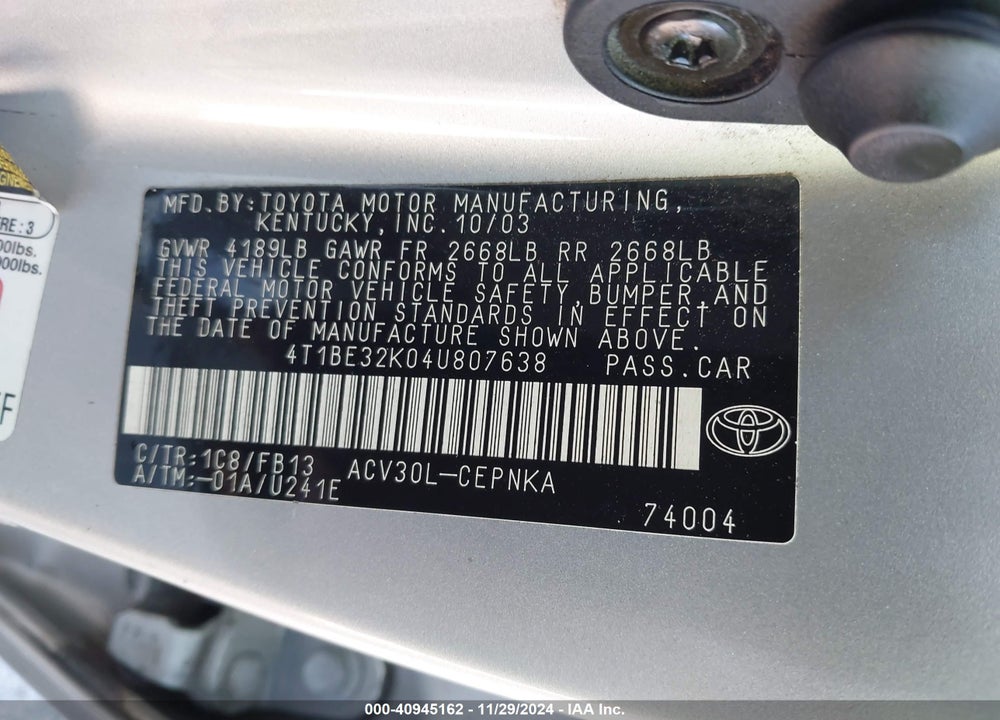 2004 TOYOTA CAMRY LE VIN: 4T1BE32K04U807638