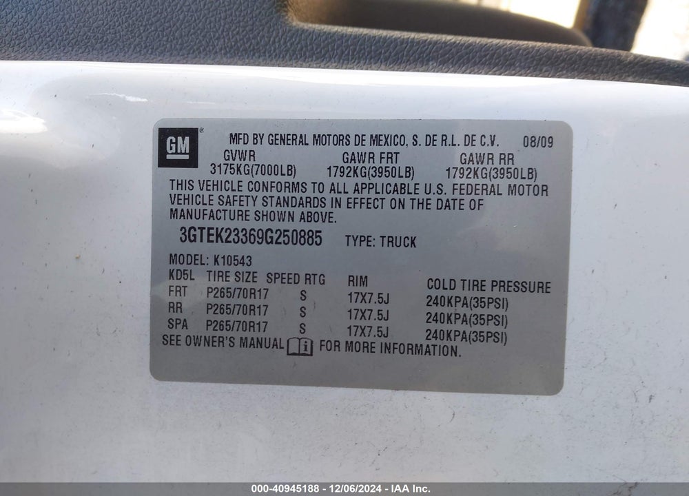 2009 GMC SIERRA 1500 SLE VIN: 3GTEK23369G250885