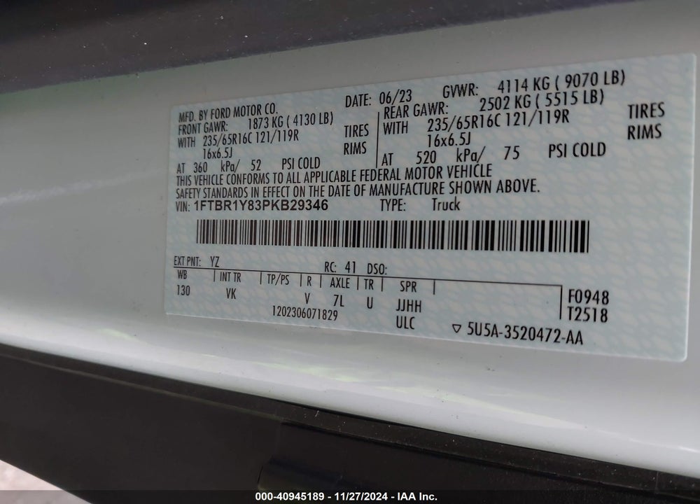 2023 FORD TRANSIT-250 CARGO VAN VIN: 1FTBR1Y83PKB29346