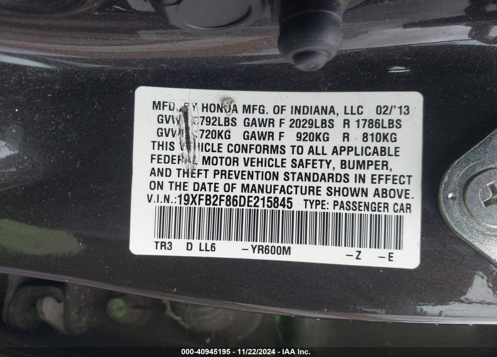 2013 HONDA CIVIC EX VIN: 19XFB2F86DE215845