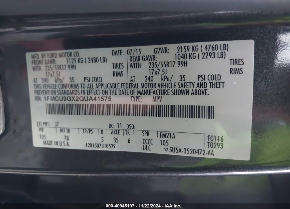 2016 FORD ESCAPE SE VIN: 1FMCU9GX2GUA41575