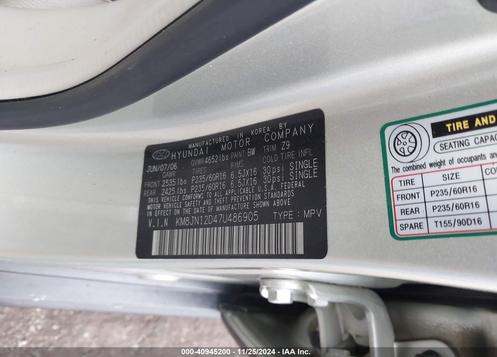 2007 HYUNDAI TUCSON LIMITED/SE VIN: KM8JN12D47U486905