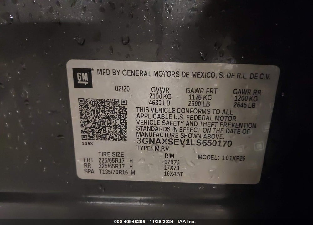 2020 CHEVROLET EQUINOX AWD LS VIN: 3GNAXSEV1LS650170