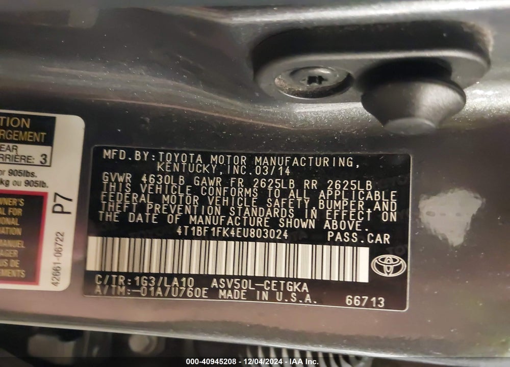 2014 TOYOTA CAMRY XLE VIN: 4T1BF1FK4EU803024