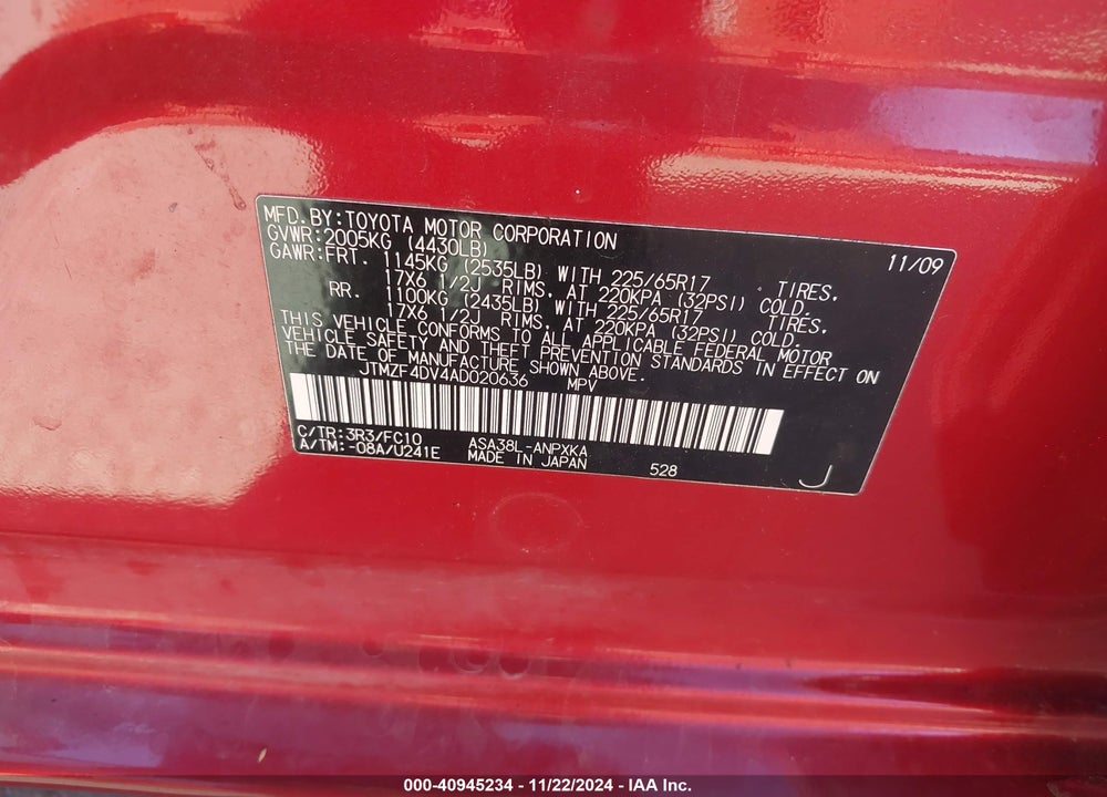 2010 TOYOTA RAV4 VIN: JTMZF4DV4AD020636