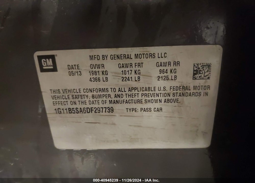 2013 CHEVROLET MALIBU 1LS VIN: 1G11B5SA6DF297739