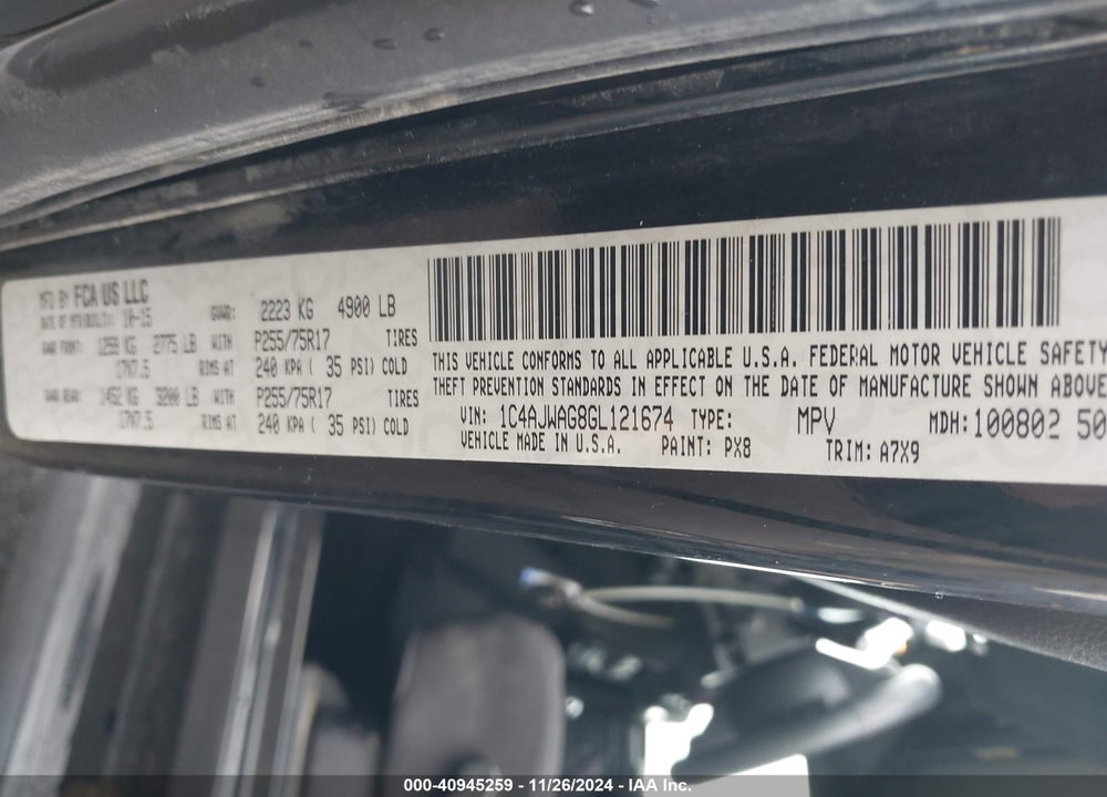 2016 JEEP WRANGLER SPORT VIN: 1C4AJWAG8GL121674