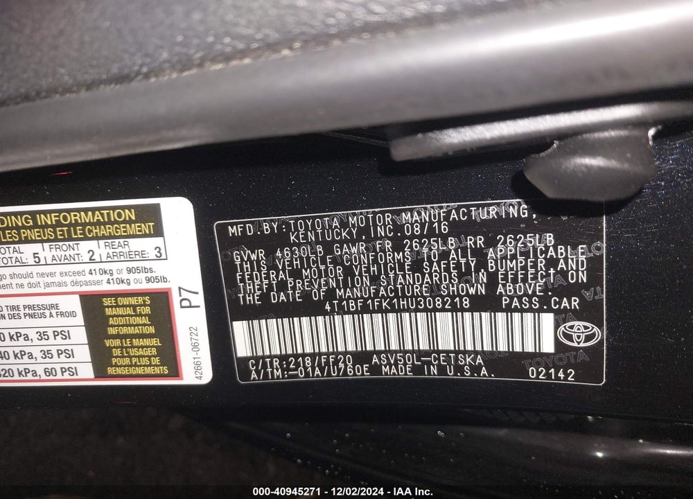 2017 TOYOTA CAMRY SE VIN: 4T1BF1FK1HU308218