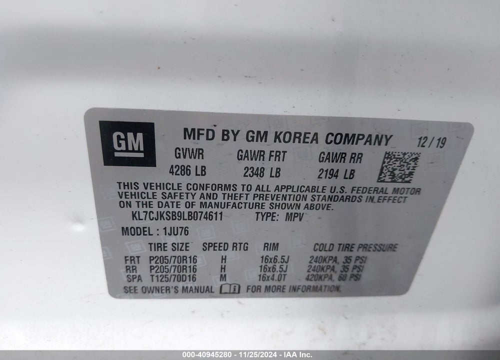 2020 CHEVROLET TRAX FWD LS VIN: KL7CJKSB9LB074611