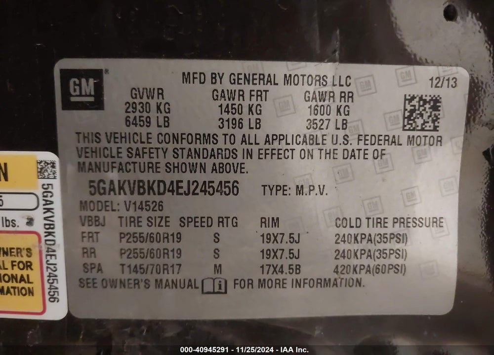 2014 BUICK ENCLAVE LEATHER VIN: 5GAKVBKD4EJ245456