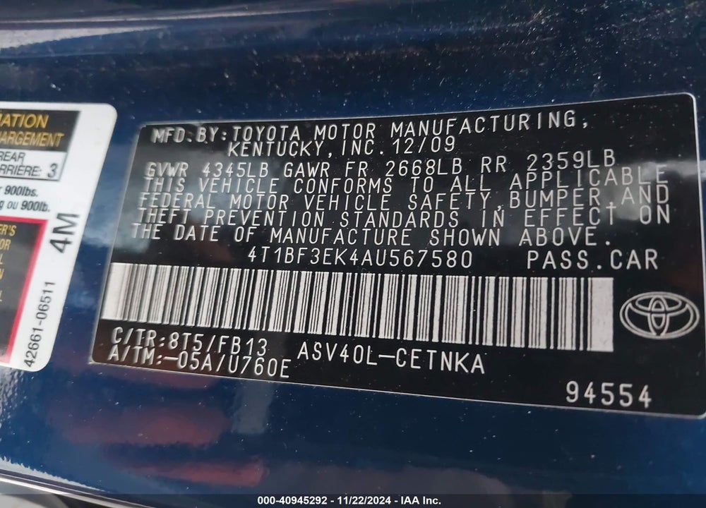 2010 TOYOTA CAMRY VIN: 4T1BF3EK4AU567580