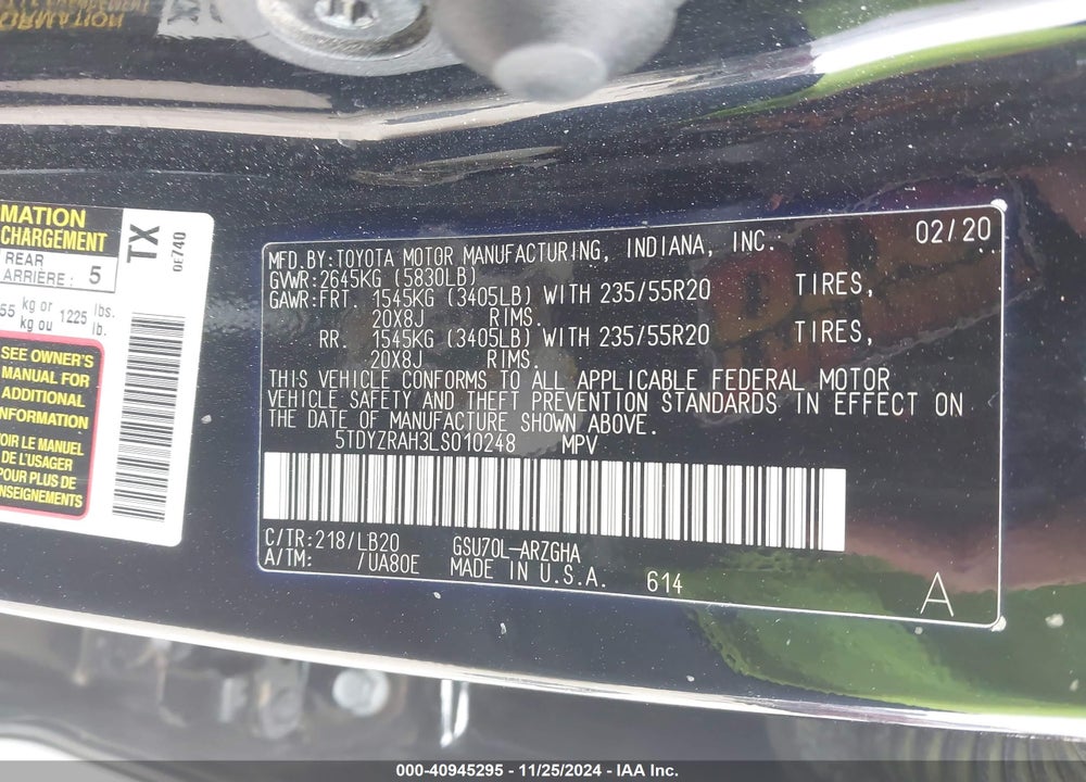2020 TOYOTA HIGHLANDER LIMITED VIN: 5TDYZRAH3LS010248