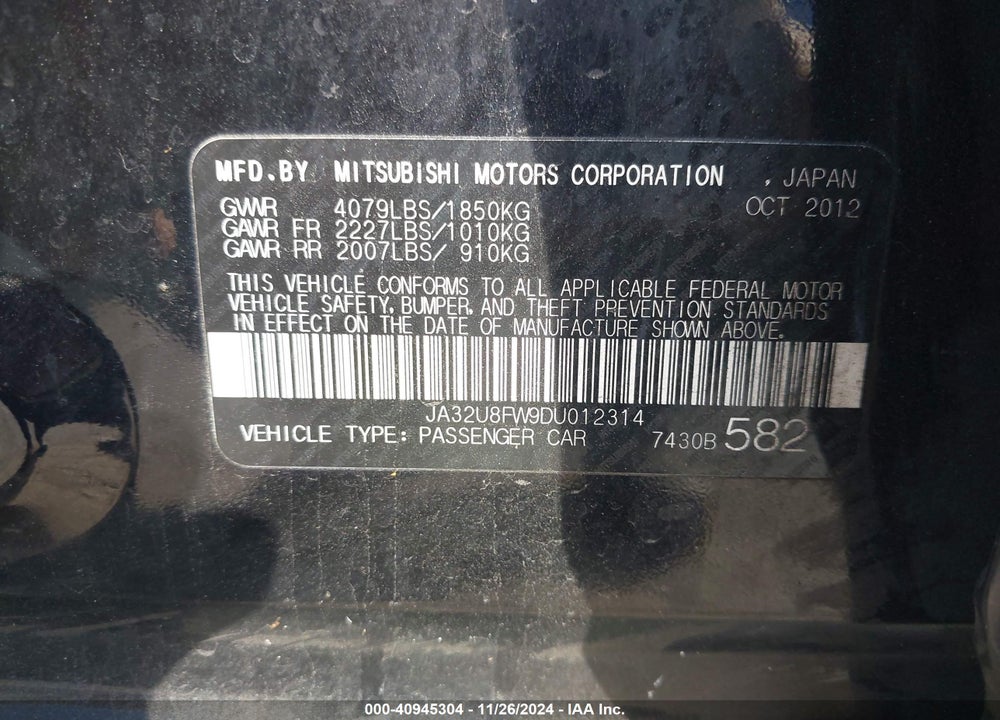 2013 MITSUBISHI LANCER GT VIN: JA32U8FW9DU012314