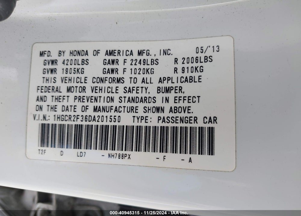 2013 HONDA ACCORD LX VIN: 1HGCR2F36DA201550