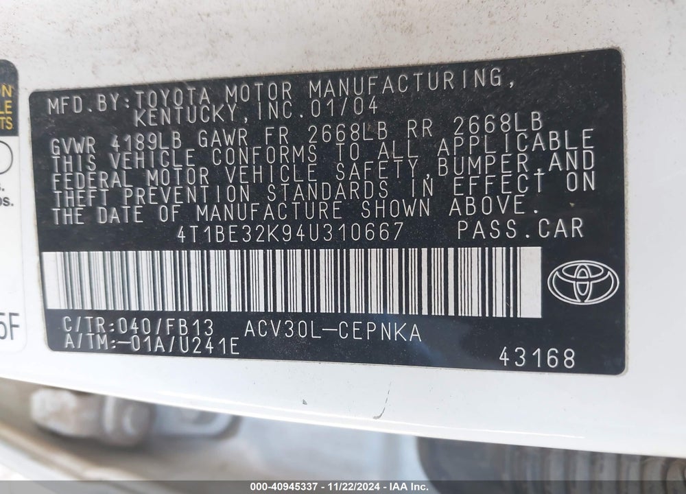 2004 TOYOTA CAMRY LE VIN: 4T1BE32K94U310667