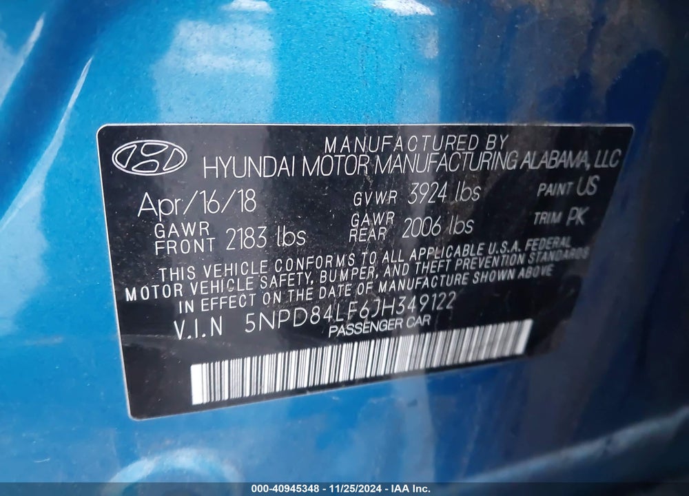 2018 HYUNDAI ELANTRA SEL VIN: 5NPD84LF6JH349122