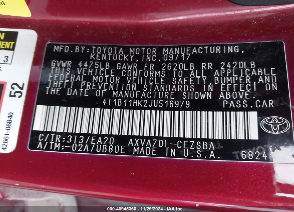 2018 TOYOTA CAMRY SE VIN: 4T1B11HK2JU516979