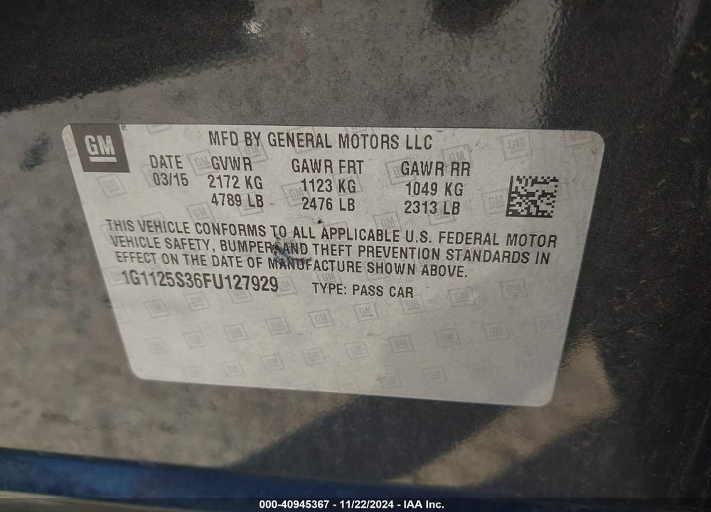 2015 CHEVROLET IMPALA 2LT VIN: 1G1125S36FU127929