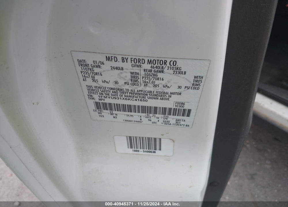 2006 FORD ESCAPE XLT/XLT SPORT VIN: 1FMYU931X6KC41850