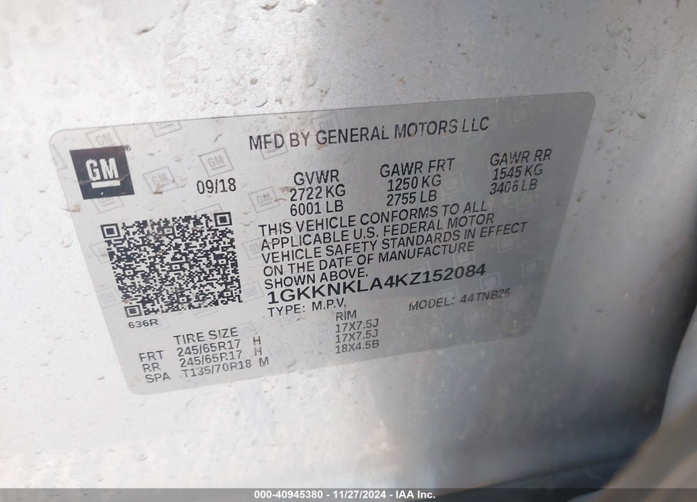 2019 GMC ACADIA SLE-1 VIN: 1GKKNKLA4KZ152084