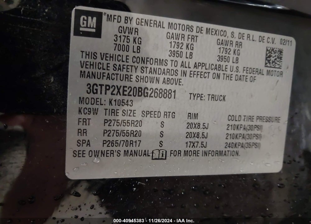 2011 GMC SIERRA 1500 DENALI VIN: 3GTP2XE20BG268881